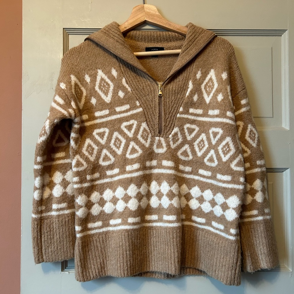 J.Crew tan and cream patterned zip pullover sweater - XS/S